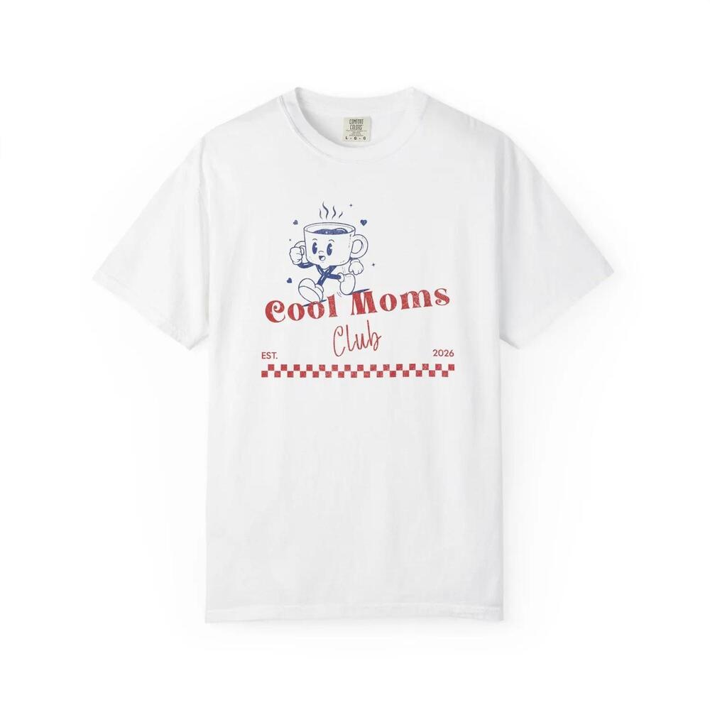 Cool Moms Club T-Shirt Retro Coffee Cartoon, Checker Stripe